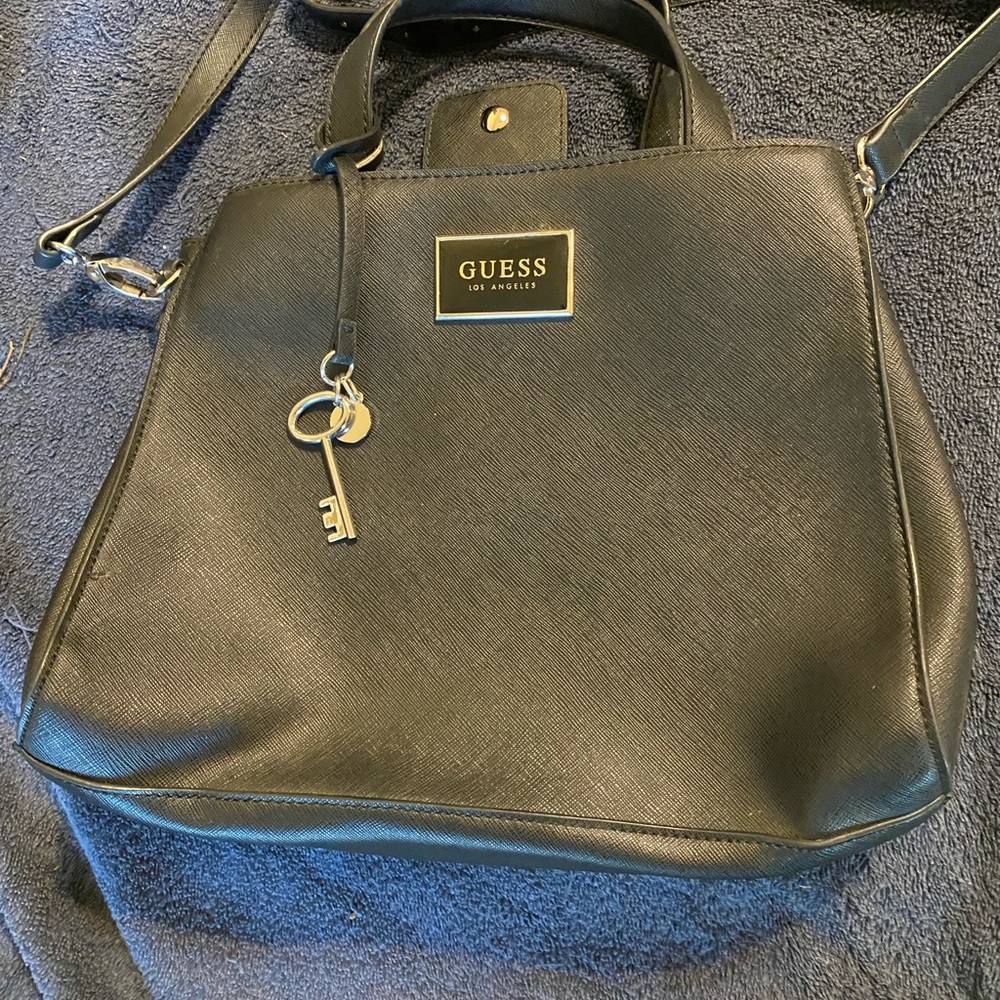 GUESS Black Saffiano Shoulder Bag with Silver Logo & Key Charm